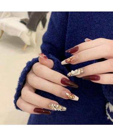 Temperament-enhancing manicure retro burgundy blush French manicure patch hand-made fake nails wearing fake nail patch finished product is detachable.(S) - Buy Online on GoSupps.com