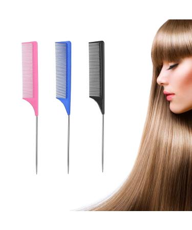 3 Pack Rat Tail Combs for Pintail Hair Parting & Teasing Heat Resistant Carbon Fiber Fine Tooth Comb with Stainless Steel Handle Pin (Black Blue & Pink) Black Blue Pink