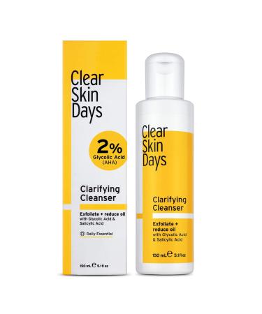 Clear Skin Days Clarifying Face Cleanser with 2% Salicylic & 2% Glycolic Acid - Deep Cleans Exfoliates Reduces Oil Unclog Pores and Resurface Skin- Perfect For Acne-Prone Skin 150ml