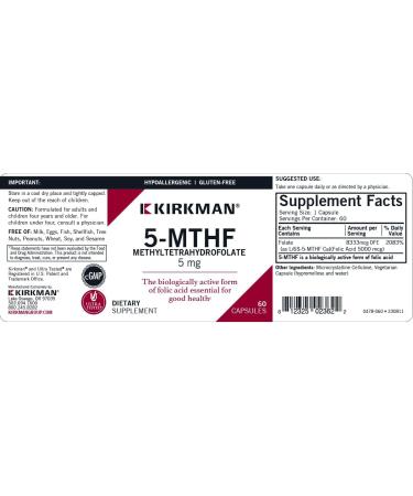 Kirkman 5-MTHF ( 6S -5-Methyltetrahydrofolate) 5 mg - Hypoallergenic | 60 Vegetarian Capsules - Buy Online on GoSupps.com