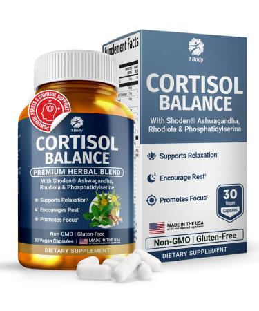 1 Body Cortisol Balance Cortisol Supplements for Women & Men with Shoden Ashwagandha Phosphatidylserine & Magnesium for Calm Energy Mood Balance & Sleep Vegan 30 Capsules