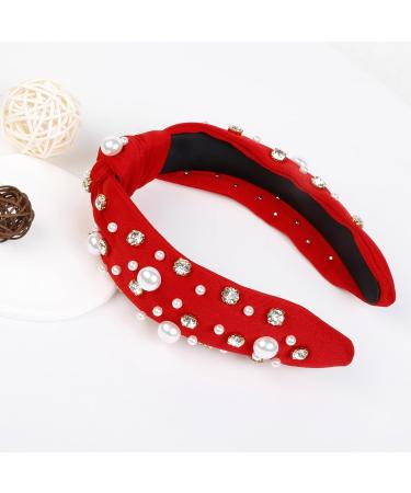 Knotted Headbands with White Pearl Rhinestone Fashion Elegant Ladies Wide Top Knot Hair Bands Rhinestone Hairband Wide Headband Hair Hoop for Woman Girl (Red) - Buy Online on GoSupps.com