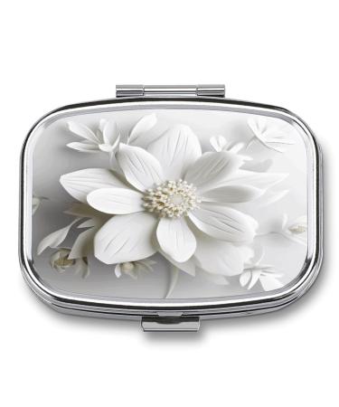 Pill Box White Flower Print 2 Compartment Medicine Pill Case Pill Organizer Decorative Metal Portable Pill Box for Pocket Or Purse Style