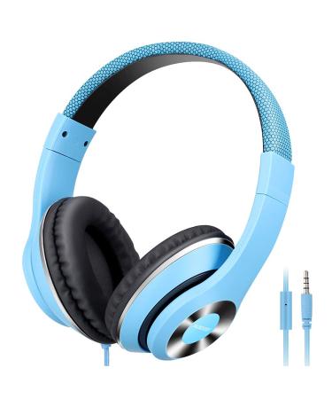 AUSDOM Lightweight Over-Ear Wired HiFi Stereo Headphones with Built-in Mic Comfortable Leather Earphones- Blue