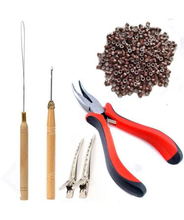 Hair Extensions Tools Kit 500 Pcs Micro Ring Beads 1 Hair Extension Plier 1 Hook Needle 1 Pulling Loop 2 Alligator Hair Clips  for Fairy Hair Tinsel Strands Professional Hair Styling Tools Accessory(Brown)