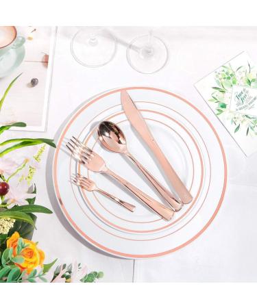 KOYEE 150 Pieces Guest Rose Gold Disposable Plastic Dinnerware Set Including 25 Dinner Plates 25 Salad Plates 25 Spoons 25 Forks 25 Knives 25 Cups for Wedding Parties - Buy Online on GoSupps.com