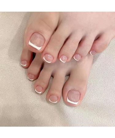 SINLOV Square Fake Toenails Nude Pink Glossy Print on False Toe Nails French Short Full Cover False Artificial Toenails Nails for Women and Girls