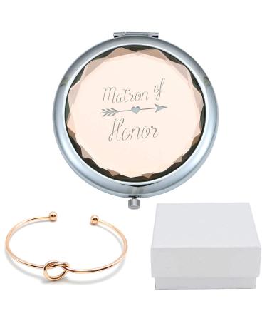 COFOZA Matron of Honor Champagne Compact Pocket Makeup Mirror with Rose Gold Knot Bracelet and Gift Box for Wedding Proposal Gift
