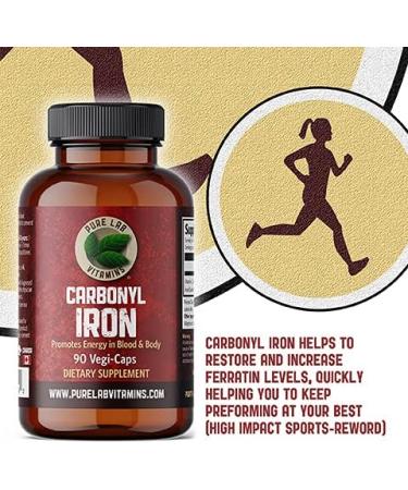 Pure Lab Vitamins Carbonyl Iron 90 Vegan Caps - High Bioavailability with VIT C - Non-Constipating Red Blood Cell Support - Made in Canada - Buy Online on GoSupps.com