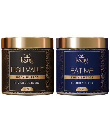 KXNG Cosmetics Shea Body Butter Duo 2 4oz (Eat Me 2 & High Value) | Organic Body Butter with Raw Shea Cocoa Mango & Coconut Oil | Deep Moisturizing Cream for Men & Women | Hands Feet & All Skin