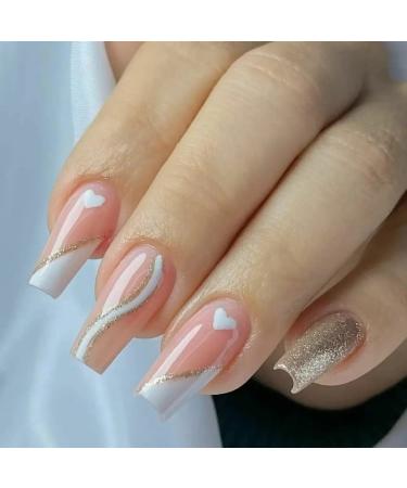 Justotry 24 pieces Coffin glitter nails for sticking out medium length white French artificial nails nude ballerina artificial nail press on nails pretty fingernails fake nails long for women glitter & long1