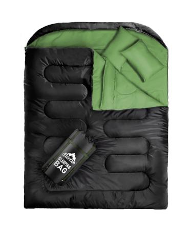 MEREZA Double Sleeping Bag with Draft Tube, 2 Person Sleeping Bags for Adults for Camping, Queen Size Two Person Sleeping Bags for Cold Weather, Cozy & Warm Sleeping Bag Double with Pillow Green
