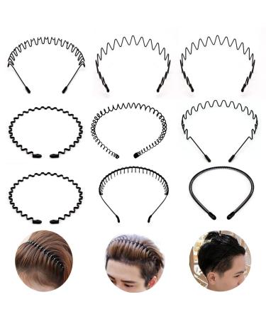 9pcs Metal Headband Spring Wavy Hair Band Unisex Hairband for Men Women Sport Hair Hoop Non-slip Headwear Hair Accessories (Black)