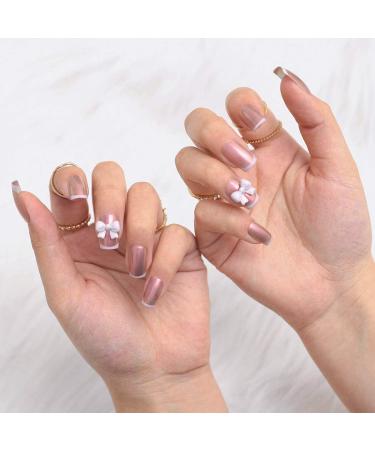 Bohend Fashion Square False Nails - Pink Bowknot Glitter Press-On Nails for Women & Girls | 24 Pcs Party Nails - Buy Online on GoSupps.com