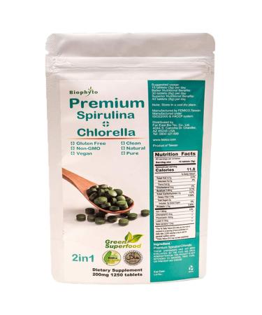 Biophyto-Chlorella Spirulina 2 in 1 Tablets- 1250 Counts- Broken Cell Wall- Vegan- 83 Days Supply- Phycocyanin Protein- Non-GMO- Iron Zinc B12 Chlorophyll Calcium- 100% Pure-Energy Supports