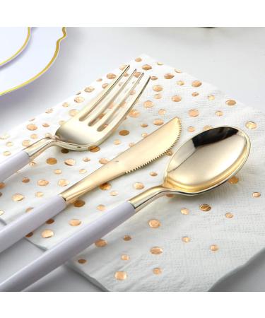 144 PCS Disposable Gold Silverware with White Handle - 48 Forks, 48 Knives, 48 Spoons - Buy Online on GoSupps.com