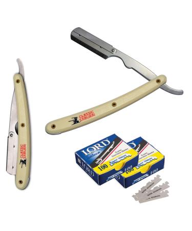 Stainless Steel Professional Barber Straight Edge Razor with 200 Count Lord Single Edge Razor Blades (Cream)