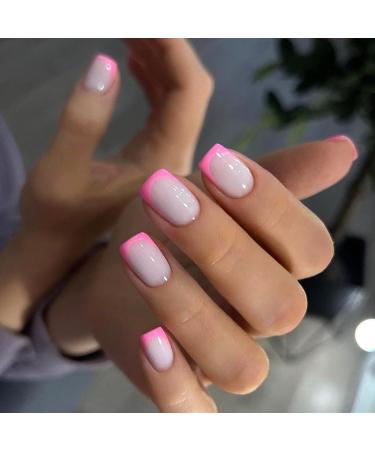 Square Fake Nails 24Pcs French False Nails Pink French Press on Nails Acrylic Stick on Nails with Nail Glue for Women Girls Nails Art