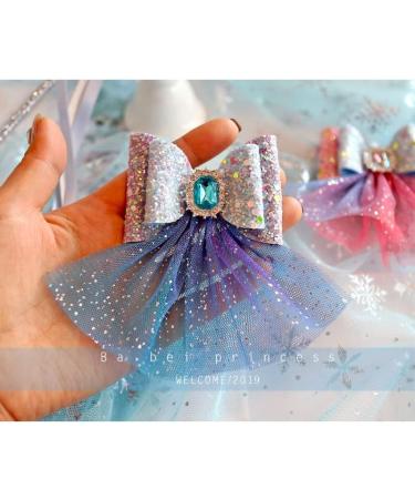 FASHION YO Elsa Princess Bow Sparkling Snow Diamond Fancy Costume Party Girls Kids Hair Clips Alligator Barrettes Accessories Bows Hairpins with Long Ribbon (Blue Diamond with Lace) - Buy Online on GoSupps.com