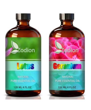 Geranium Essential Oil 4 Fl Oz and Lotus Essential Oil 4 Fl Oz - ZODION Geranium & Lotus Oil for Diffuser Aromatherapy Home Fragrance Skin & Hair Care DIY Candle & Soap Making Yoga