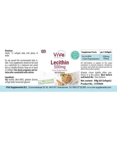 Lecithin 500 mg - 60 Softgels | Natural Phosphatidylcholine | No Additives | German Quality | Vive Supplements - Buy Online on GoSupps.com