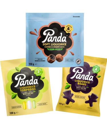 Panda Liquorice Triple Treat! Special Selection of Licorice Coated in creamy chocolate Liquorice Torpedos and Black Liquorice Bears - Fat free Vegan Licorice made with Natural Colours & Flavours
