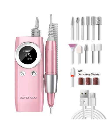 Professional Electric Nail Drill Machine  Portable Nail Drill for Acrylic Gel Nails  Rechargeable 45000 RPM Manicure Pedicure Set with 12 Drill Bits for Home Nail Salon  AUROHOPE  Pink Lovely Pink