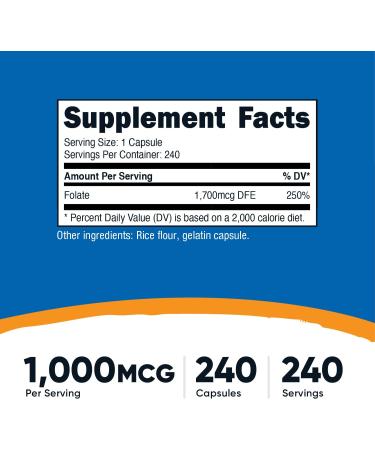 Nutricost Folic Acid 1000 mcg - 240 Capsules | High-Potency Vitamin B9 Supplement - Buy Online on GoSupps.com