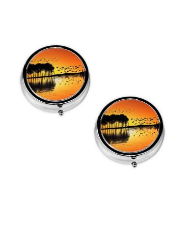 (Lake Guitar Reflection) Round Pill Box 3 Compartment Pill Box Mini Decorative Pocket Purse Portable Travel Medicine Tablet Vitamin Holder Organizer Pill Case