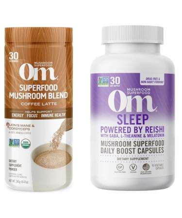 OM MUSHROOM SUPERFOOD Coffee Latte Blend Mushroom Powder 8.47 Ounce and Sleep Mushroom Capsules Superfood Supplement 90 Count Bundle