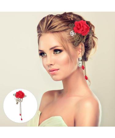 Beaupretty French Barrette Hair Clips Steampunk Hair Clips with Tassels Chain Rose Flower Hair Clip Vintage Halloween Headdress Goth Gothic Hair Accessories for Women Girls Red Wedding Hair Clip - Buy Online on GoSupps.com