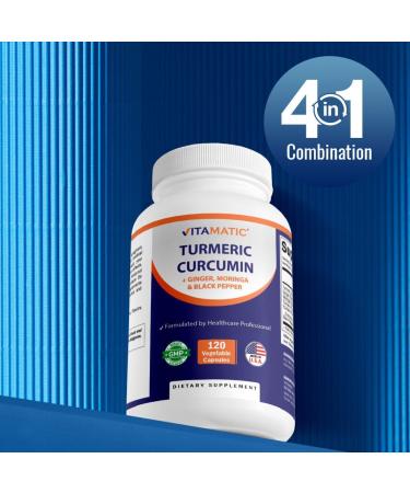 Vitamatic Turmeric Curcumin Supplement (10:1 Equivalent 3000 Per Serving, Made with 95% Curcuminoids, Black Pepper, Ginger, Moringa) 120 Vegetable Capsules, Non-GMO, Gluten Free - 3 Pack - Buy Online on GoSupps.com