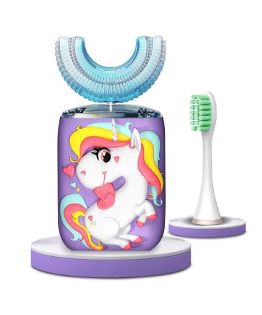 Kids Electric Toothbrush U Shaped Ultrasonic Automatic Brush with 2 Brush Head 6 Sonic Clean Modes IPX7 Waterproof Unicorn Design Whole Mouth Rechargeable Smart Timer Toothbrushes for Children 2-6 Purple