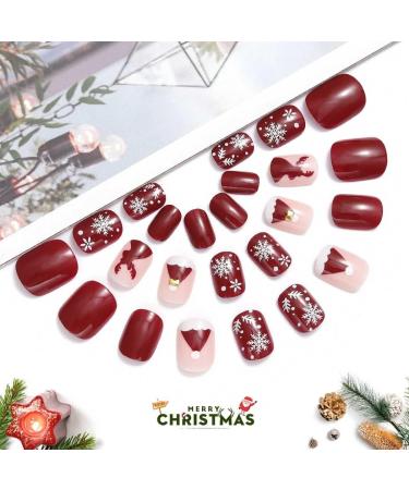Vatocu Christmas False Nails - Short Red Press on Nails with Snowflakes, Elk, and Snowman Designs for Women and Girls (24pcs) - Buy Online on GoSupps.com