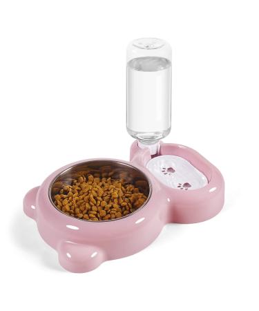 Azwraith Double Dog Cat Bowls, Pet Water and Food Bowl Set with Automatic Water Dispenser Bottle Detachable Stainless Steel Bowl for Small Dogs and Cats Kitten Puppy Rabbit Bunny Pink