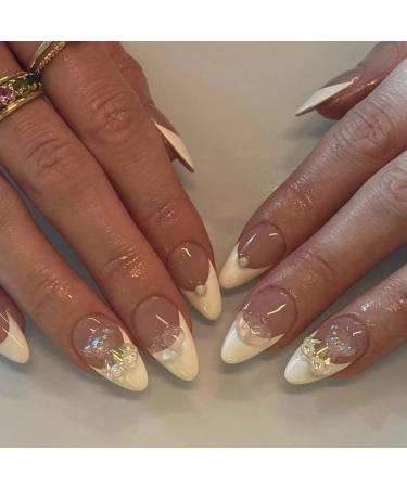 Justotry 24 pieces pearls oval nails to stick on medium with heart milky French press on nails almond art nails fake nails short beautiful fingernails artificial nails for women Milky & Heart1
