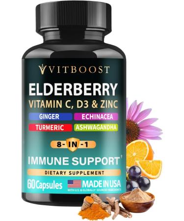 Elderberry Immune Support Supplement 8-in-1 Formula with Echinacea Vitamin C & Zinc Vitamin D 5000 IU Turmeric Ginger Ashwagandha 60 Capsules 60 Capsules (Pack of 1)