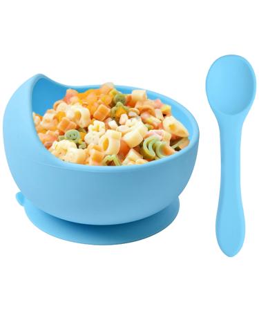 Delven Baby Bowls Spoons for Feeding Silicone Toddler Weaning Bowls Set Blue with Suction BPA Free Non Slip Easy to Clean Cutlery Tableware Set for Children Infant Boys Microwavable Dishwasher Safe