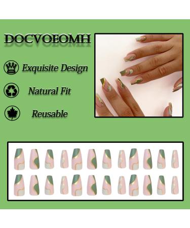 DOCVOEOMH Green Coffin Press on Nails Kit - Abstract Doodles + Gold Glitter Design - Full Cover Reusable Nails for Women - 24PCS - Buy Online on GoSupps.com