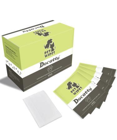 Docatty Pet Wipes, 50 Individually Wrapped Plant-Based and Compostable Wipes for Dogs Cats, Hypoallergenic, Deodorizing Grooming Pet Wipes for Paws, Body and Butt