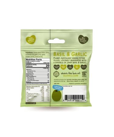 OLOVES Green Greek Pitted Olives | Basil & Garlic | Vegan, Kosher, Gluten Free, Keto Friendly | Fresh & All Natural Low Calorie Healthy Snack (30 Pack, 1.1oz Bags) - Buy Online on GoSupps.com
