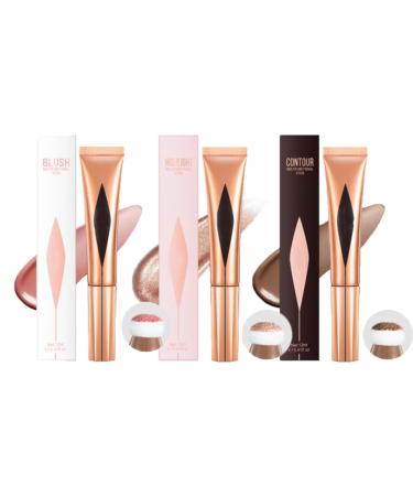 3 Pcs Liquid Contour Beauty Wand Set Highlighter Makeup Face Blusher - Long Lasting Waterproof Contour Beauty Wand with Cushion Applicator (3pcs B Set)