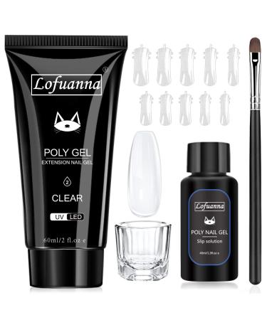Lofuanna Poly Gel Nail Kit-60g Clear Poly Extension Gel Nail Starter kit,All-in-one Set Builder Gel for Nails With Slip Solution Nail form Nail Brush Glass Cup,Nail Art Design for Beginners