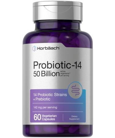 Horbaach Probiotics for Women and Men | 60 Capsules | 14 Probiotic Strains with Prebiotic | 50 Billion Active Organisms | Non-GMO & Gluten Free Supplement