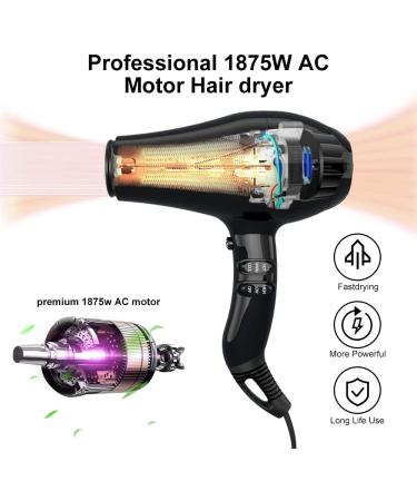 Professional Negative Ionic Hair Dryer 1875W - Quiet Powerful AC Motor Blow Dryer with Concentrator & Cool Shut Button for Smooth Frizz-Free Hair | International Shipping Available - Buy Online on GoSupps.com