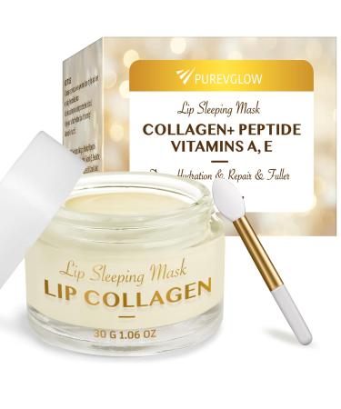 Lip Collagen Peptide Sleeping Mask: 30g Overnight Lip Wrinkle Treatment with Hyaluronic Acid Coconut Shea Butter - Lip Balm to Nourish Hydrate Dry Cracked Lips - Lip Plumper Moisturizer Translucent White