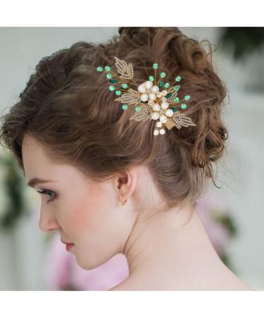Green Beads Wedding Hair Clips | Gold Pearl Flowers Bride Barrettes - Buy Online on GoSupps.com