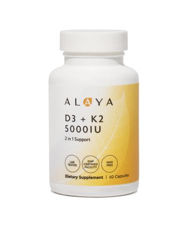 Alaya Naturals Vitamin D3 K2 Supplement 5000 IU D3 50 mcg K1 15 mcg K2 MK-7 High Absorption Capsules for Bone & Immune Support Non-GMO Vegetarian Capsules 60 Count