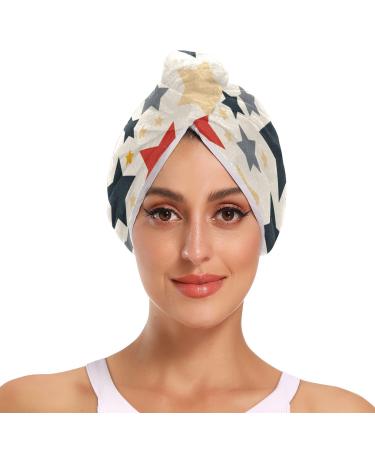 Colorful Stars Beige Hair Towel 2 Pack Super Absorbent Hair Drying Towel Quick Dry Hair Turbans Head Towel with Button Twisty Wrap for Women Girls