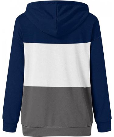 Color Block Hoodie for Women - Navy Stripe Print Drawstring Pullover Sweatshirt - Buy Online on GoSupps.com
